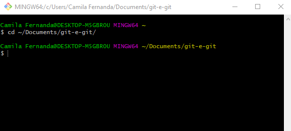 Screenshot da tela do Git Bash com a linha de comando acima realizada com sucesso
