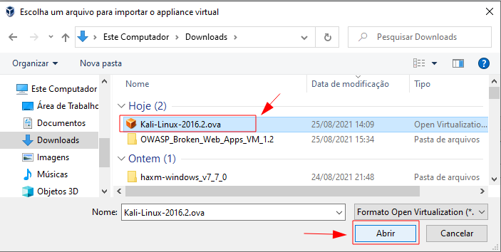 Screenshot da tela de explorador de arquivos que será aberta com destaque no arquivo Kali-Linux-2016.2.ova e no botão "Abrir".