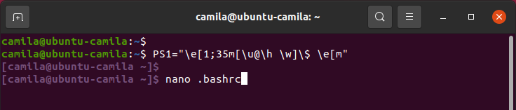 Terminal Ubuntu com os comandos "PS1="\e1;35m\u@\h \w  \$ \e m", onde as linhas de comando ficaram roxas, e em seguida, o comando nano .bashrc