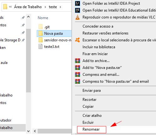 Diretório teste com destaque na lista ao clicar com o botão direito do mouse em uma pasta, na opção "Renomear".
