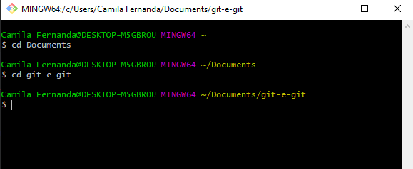 Screenshot da tela do Git Bash com as linhas de comando acima realizadas com sucesso