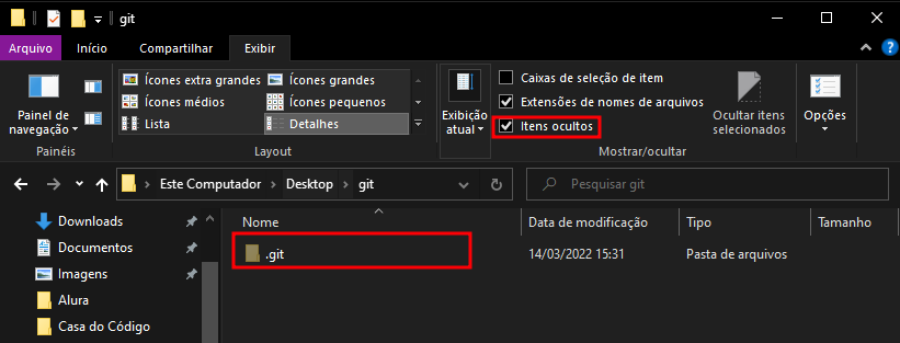 Diretório git com destaque na opção itens ocultos em Exibir, bem como na parta oculta .git