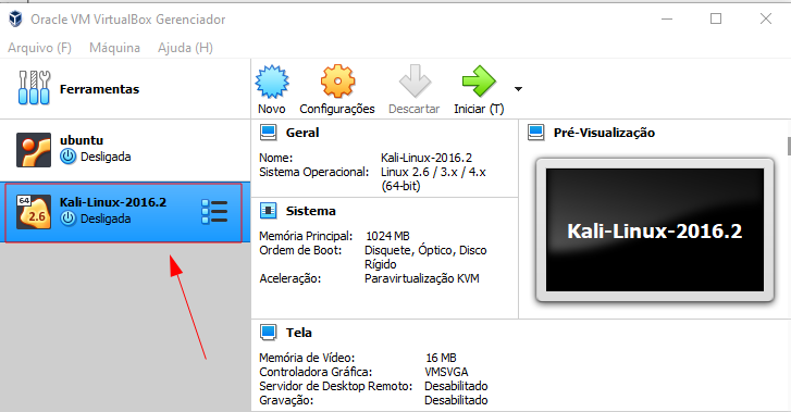 Screenshot da tela da VirtualBox com destaque no Kali Linux