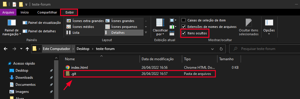 Explorador de arquivos com as opções Exibir e itens ocultos em destaque. Seguido do arquivo .git