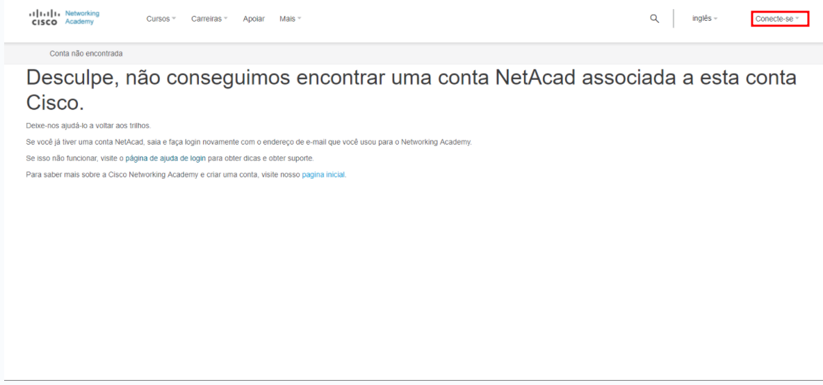 Site da Cisco com destaque na opção Conecte-se no canto superior direito.