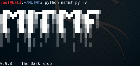 Comando acima realizado com sucesso tendo como retorno a logo do MITMF, a versão 0.9.8 - 'The Dark Side'