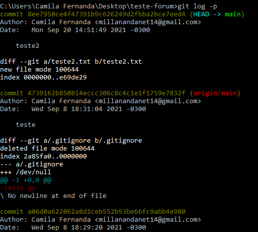 Cmd do Windows com o comando git log -p tendo como resposta 3 commits