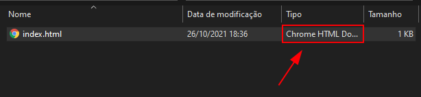 Explorador de arquivos do Windows com o arquivo index.html, tendo em destaque o tipo Chrome HTML.