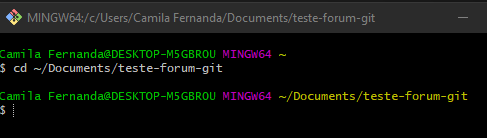 Git Bash com o comado acima realizado com sucesso