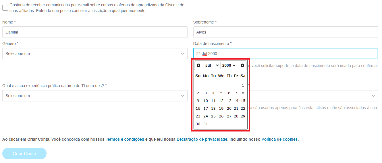 Screenshot da tela de cadastro da Cisco, onde está em destaque o calendário de inserção da data de nascimento