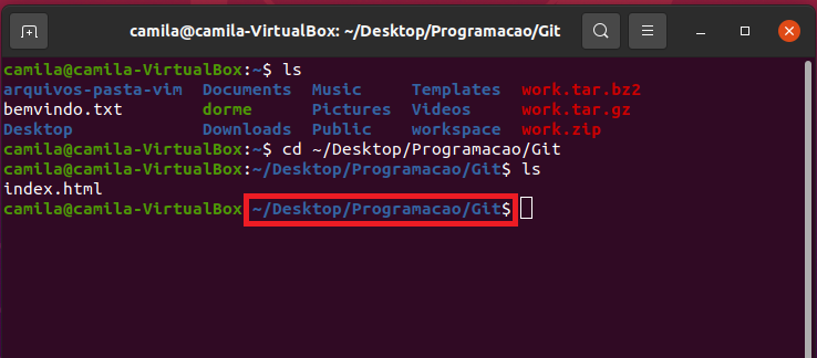 Screenshot da tela do terminal do Linux com o comando: cd ~/Desktop/PROGRAMACAO/Git. Com destaque no diretório informado no final de cada linha de entrada de comando.
