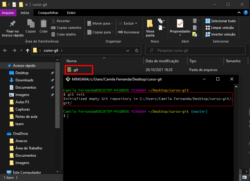 Diretório curso-git com a tela do GitBash á frente, nele tem o comando git init e está em destaque a pasta .git no diretório.