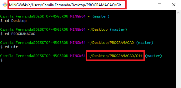 Screenshot da tela do GitBash com os comandos: cd Desktop; cd PROGRAMACAO e cd Git. Com destaque no diretório informado na barra superior do terminal e também no final de cada linha de entrada de comando.