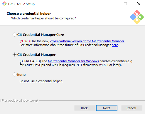 Screenshot da tela de instalação do Git, onde foi selecionado a opção "Git Credential Manager" quando foi pedido "Choose a credential helper".