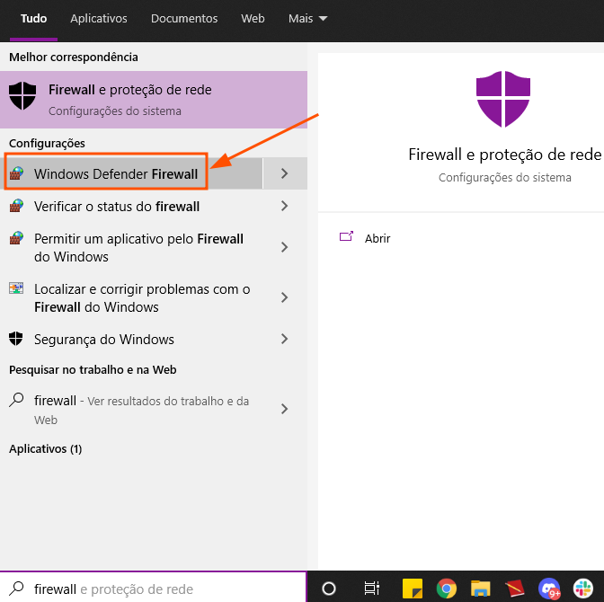 Barra de pesquisa do Windows com pesquisa "firewall" e destaque na opção Windows Defender Firewall