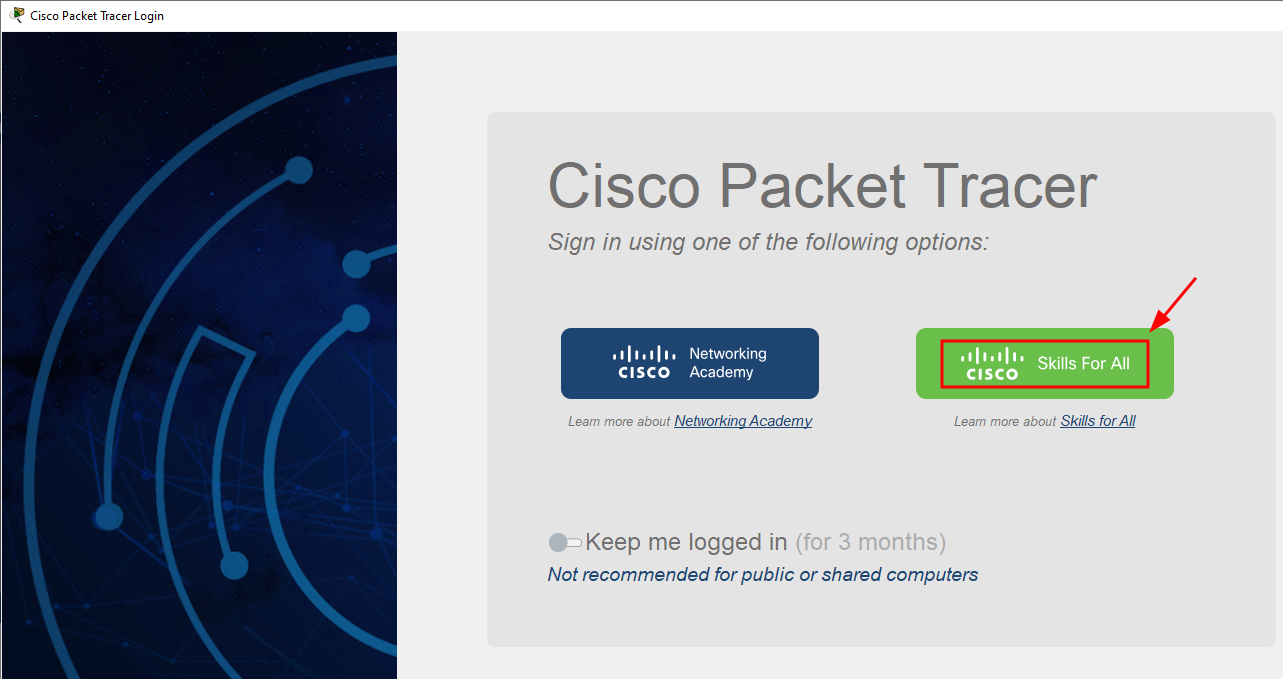 Login na aba Cisco Packet Tracer Login ao abrir o aplicativo.