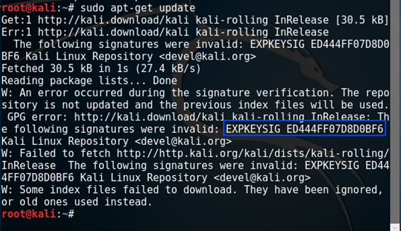 Terminal Kali Linux com a linha de comando sudo apt-get update tendo como retorno um erro da key EXPKEYSIG ED444FF07D8D0BF6 expirada