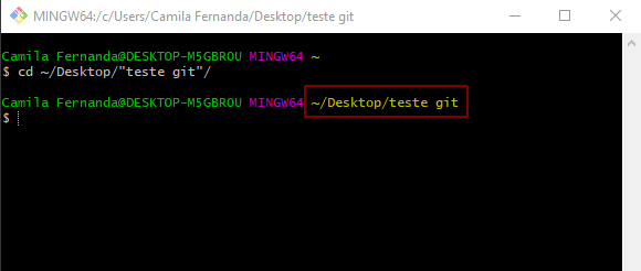 Screenshot da tela do Git Bash com o comando cd ~/Desktop/"teste git"/ realizado com sucesso, tendo em destaque o diretório atual: ~/Desktop/teste git
