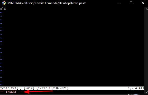 Git Bash em VI de um arquivo teste.txt escrito ola, com destaque na barra inferior onde está escrito  -- INSERT --