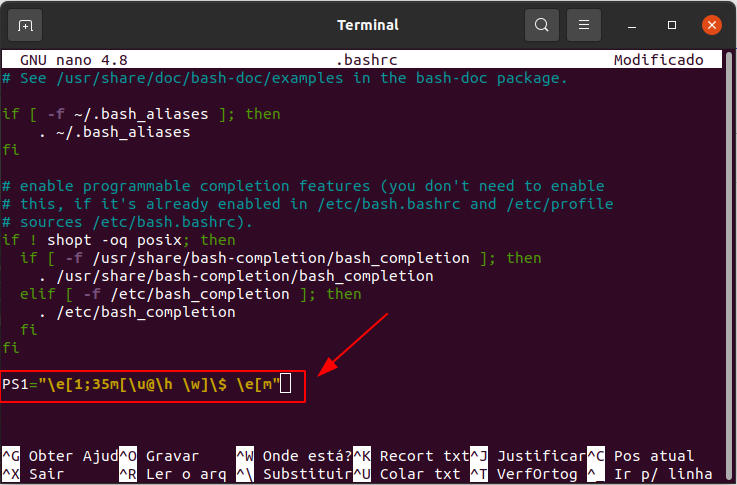 Comando acima inserido ao final do documento .bashrc