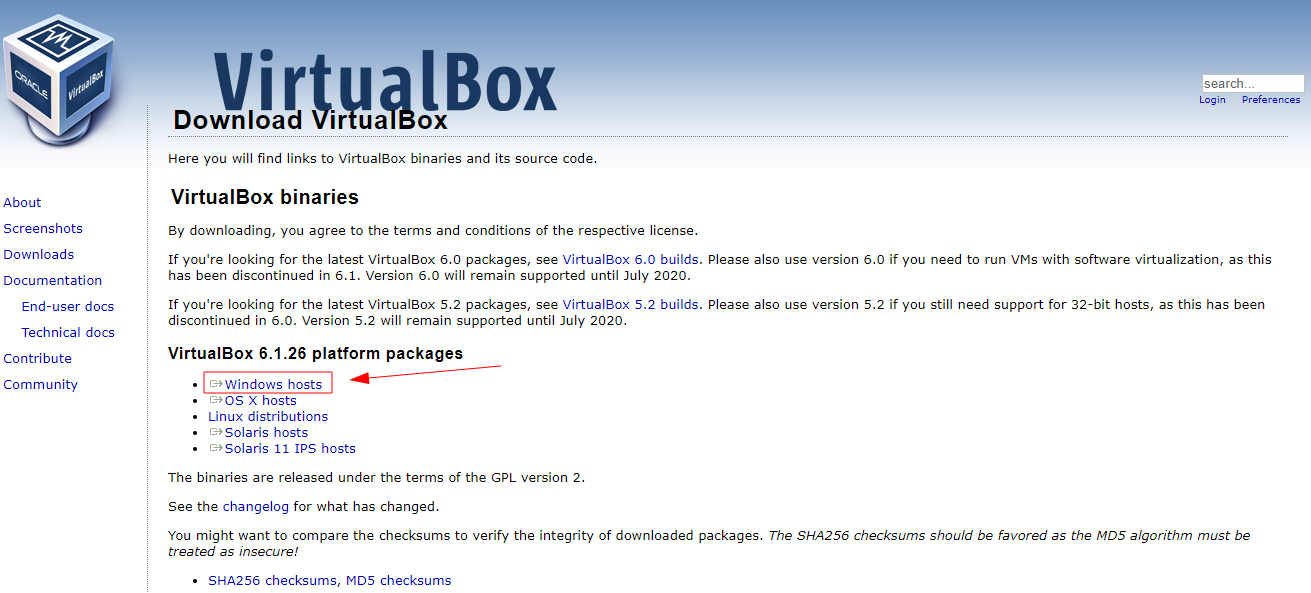Screenshot do site da VirtualBox com destaque na opção 'Windows hosts'.