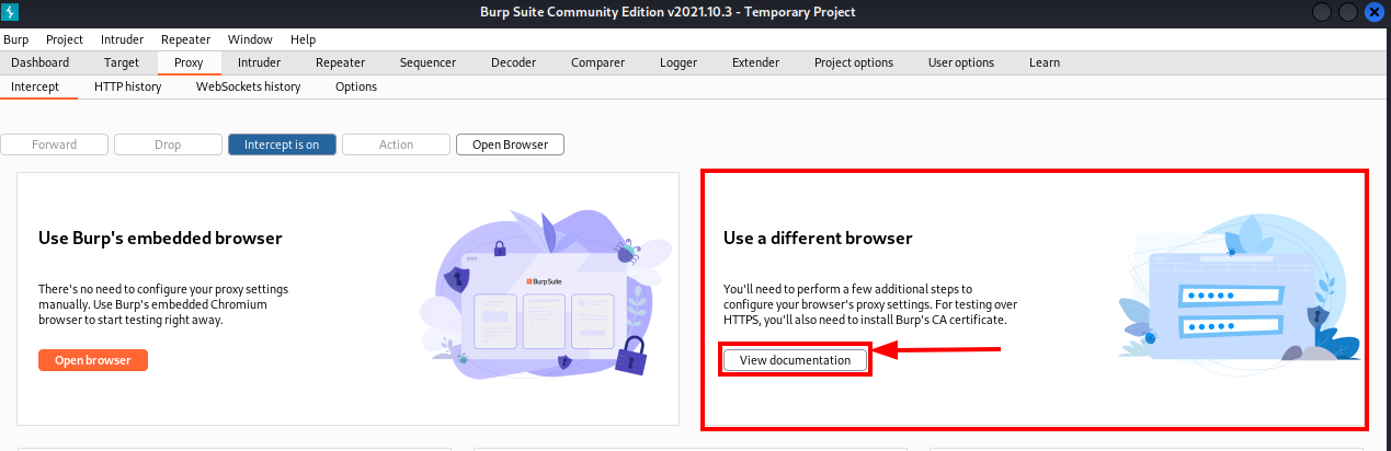 Página do Burp Suite na seção Proxy -> Intercept, onde se tem em destaque a seção User a different browser.