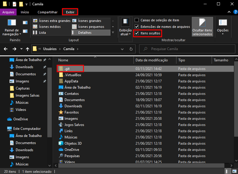 Explorador de arquivos no diretório Camila, tendo em destaque a opção Exibir na barra de opções superior, bem como a opção itens ocultos selecionada e em destaque também a pasta .git