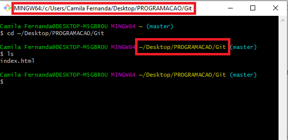 Screenshot da tela do GitBash com o comando: cd ~/Desktop/PROGRAMACAO/Git. Com destaque no diretório informado na barra superior do terminal e também no final de cada linha de entrada de comando.