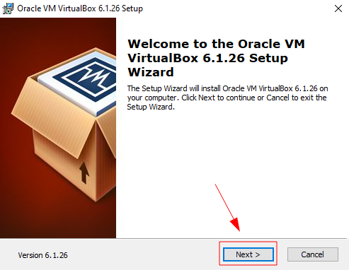 Screenshot da tela de instalação da VirtualBox com destaque na opção "Next"