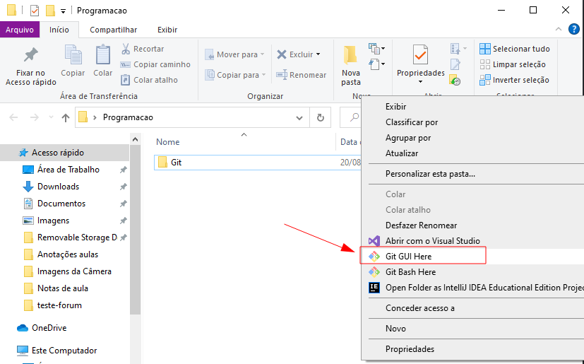 Screenshot da tela de diretórios do Windows em uma pasta nomeada 'Git', com um quadro de opções ao apertar o botão direito do mouse, tendo em destaque a opção 'Git GUI Here'.