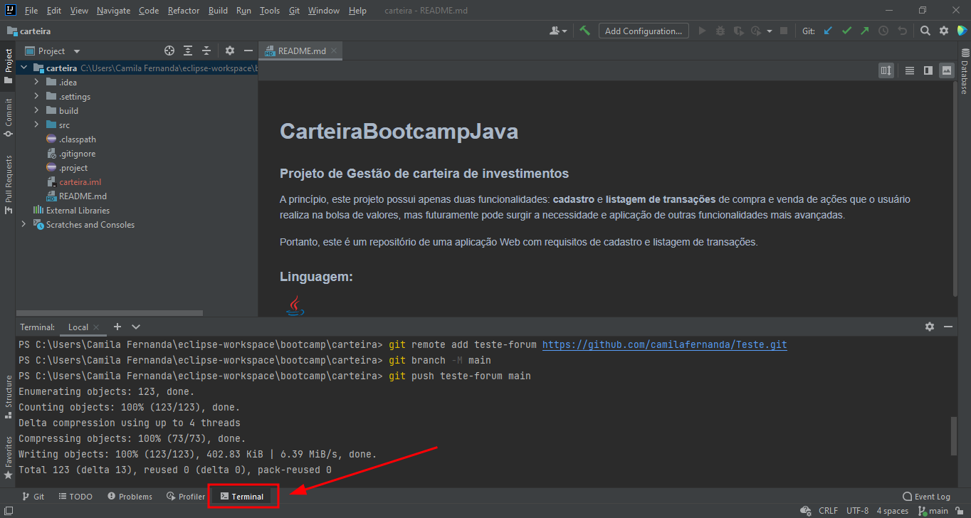 Tela do IntelliJ com destaque na opção Terminal na barra inferior.