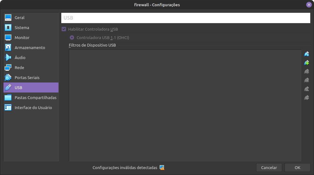 Configurações de USB da VM firewal, onde está selecionada a opção Controladora USB 1.1 (OHCI).