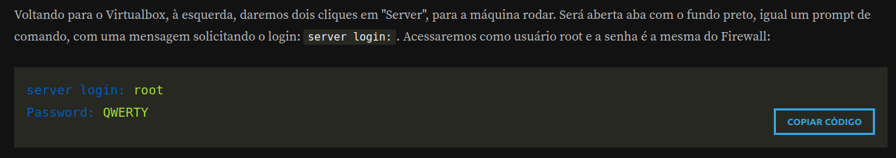 Transcrição da aula indicando o server login: root e Password: QWERTY