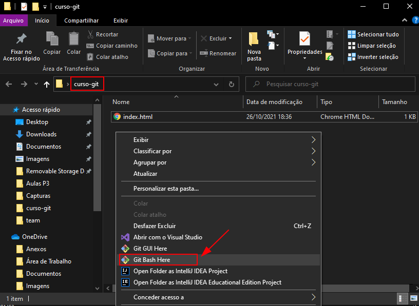 Diretório curso-git, com destaque na opção Git Bash here ao selecionar o opções com o botão direito do mouse.