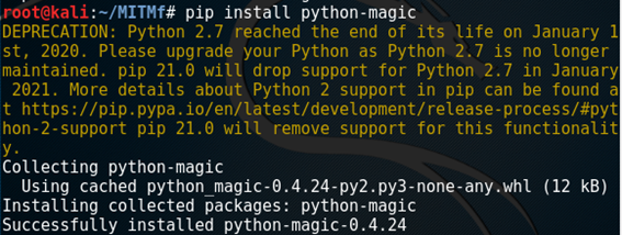 Comando acima realizado com sucesso tendo como retorno Successfuly installed python-magic-0.4.24