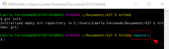 Gitbash com o comando git init realizado, dando destaque à palavra (master) após o diretório