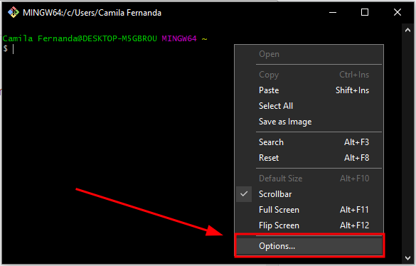 GitBash com destaque na opção "Options..." na barra que surge ao clicar no botão direito do mouse.