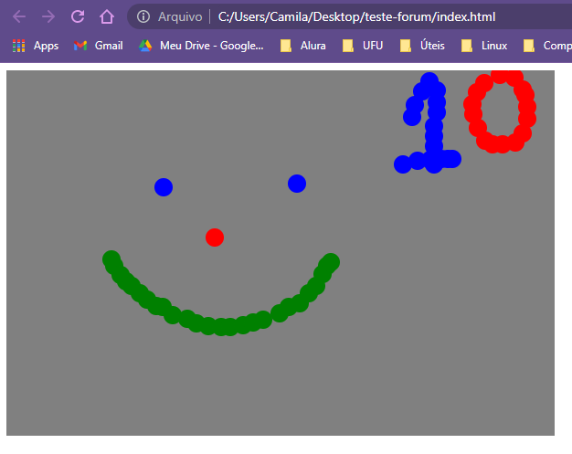 Exercício do aluno rodando no browser tendo no fundo um quadrado na cor cinza, dentro dele há uma carinha feliz :) formada por círculos, sendo os olhos em azul, nariz em vermelho e boca em verde. Além disso, no canto superior à direita possui um número 10 formado também por círculos, onde o número 1 está em azul e o 0 em vermelho.