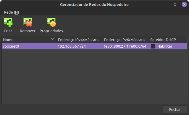 Gerenciado de redes do hospedeiro do VirtualBox, com a opção na lista vboxnet0 com o endereço 192.168.56.1/24