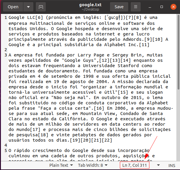 Bloco de notas Linux com o documento google.txt com destaque na quantidade de linhas no campo inferior.