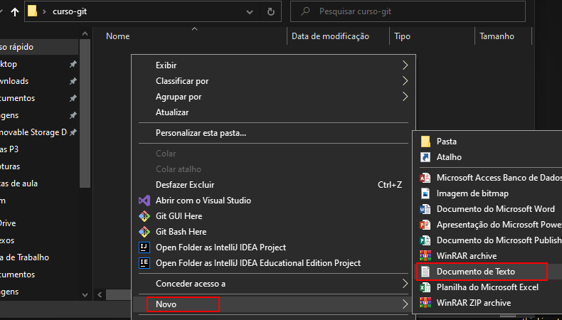 Diretório curso-git com destaque na opção Novo documento de texto.