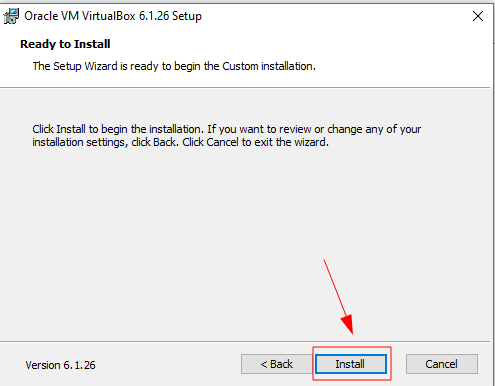 Screenshot da tela de instalação da VirtualBox com destaque na opção "Install"