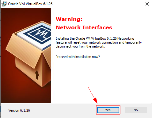Screenshot da tela de instalação da VirtualBox com destaque na opção "Yes"
