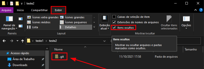 Explorador de Arquivos com destaque em Exibir -> itens ocultos e na pasta .git localizada no diretório.