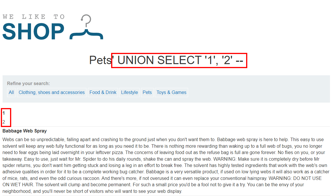 Página We like to Shop, com o subtítulo "Pets' UNION SELECT '1','2' -- seguido de uma ferramenta de filtros de busca. Tendo logo em seguida uma lista com o título "1" em negrito e descrição "2"