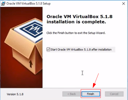 Screenshot da tela de instalação da VirtualBox com destaque na opção "Finish"