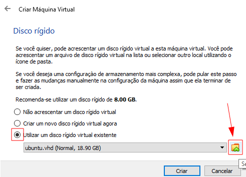 Screenshot da tela Disco Rígido com destaque no ícone de pasta e na opção 'Utilizar Disco Rígido Virtual existente'.