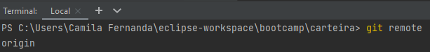 Terminal do InteliiJ com o comando git remote, tendo como resposta origin