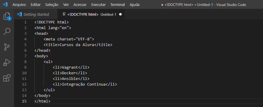 Tela do novo arquivo no VS Code com o código