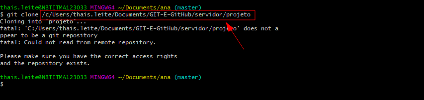 Imagem da aluna com destaque em 'git clone /c/Users/thais.leite/Documents/GIT-E-GitHub/servidor/projeto'